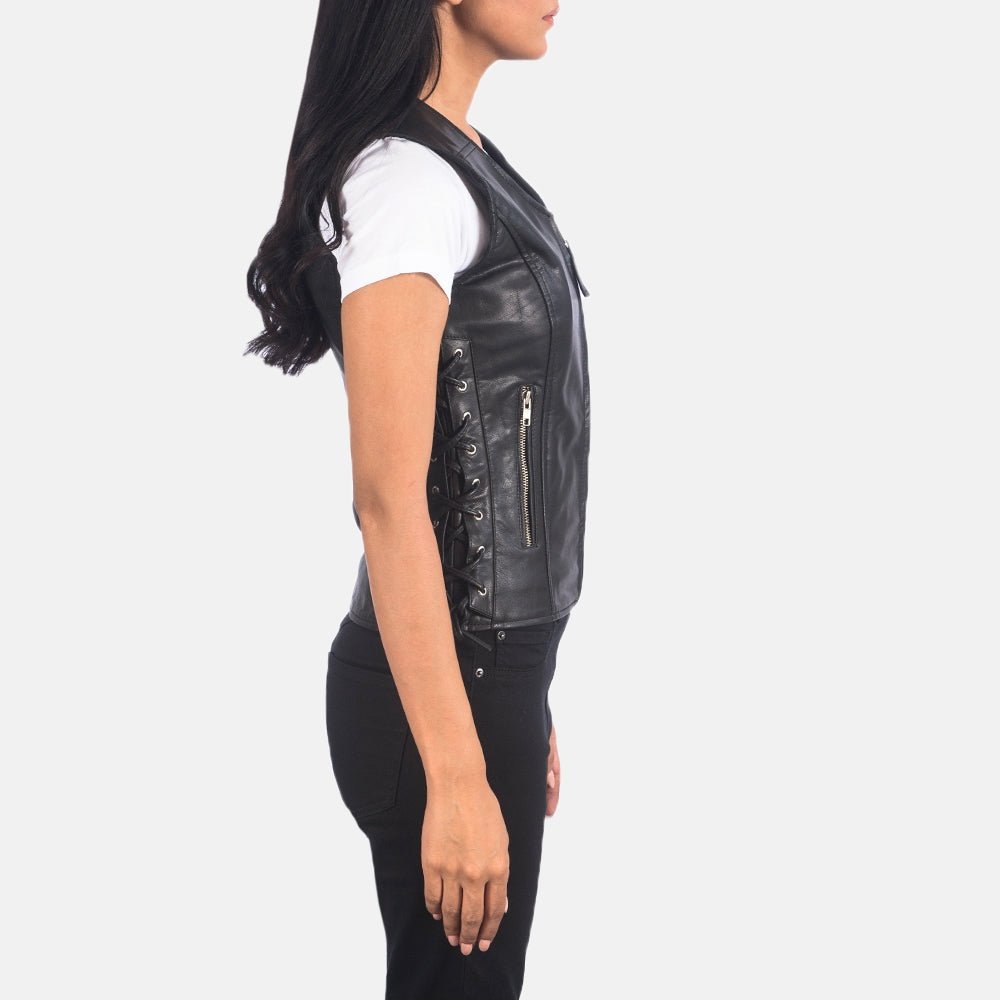 Lyra Women's Black Leather Biker Vest lifestyle view – VOOLUP