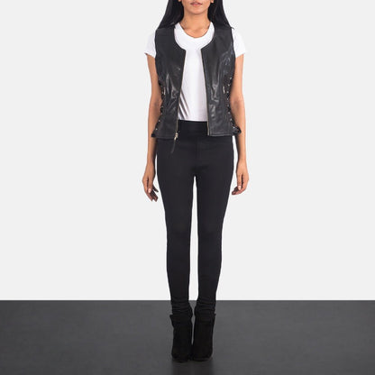 Lyra Women's Black Leather Biker Vest back view – VOOLUP
