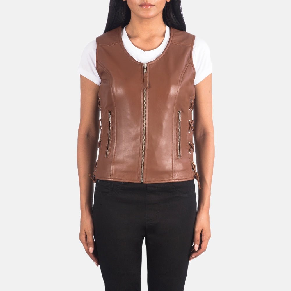 Lyra women's brown genuine leather biker vest front view – VOOLUP