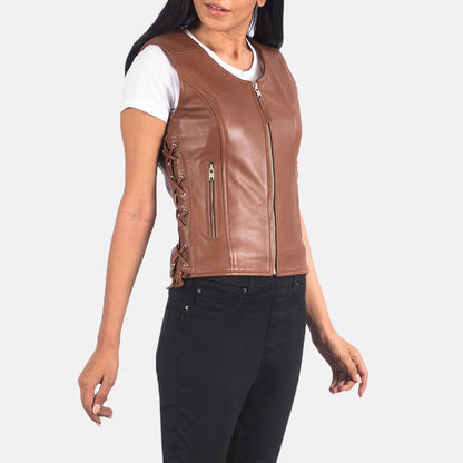Lyra Women's Brown Leather Biker Vest lifestyle view – VOOLUP