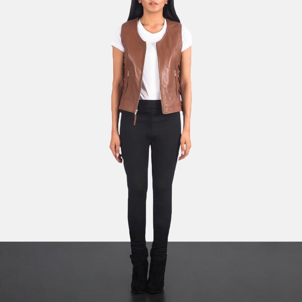 Lyra Women's Brown Leather Biker Vest back view – VOOLUP