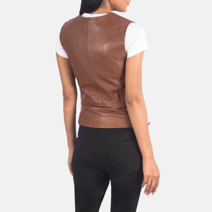 Lyra Women's Brown Leather Biker Vest side view – VOOLUP