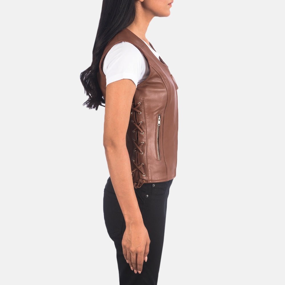 Lyra Women's Brown Leather Biker Vest detail closeup – VOOLUP
