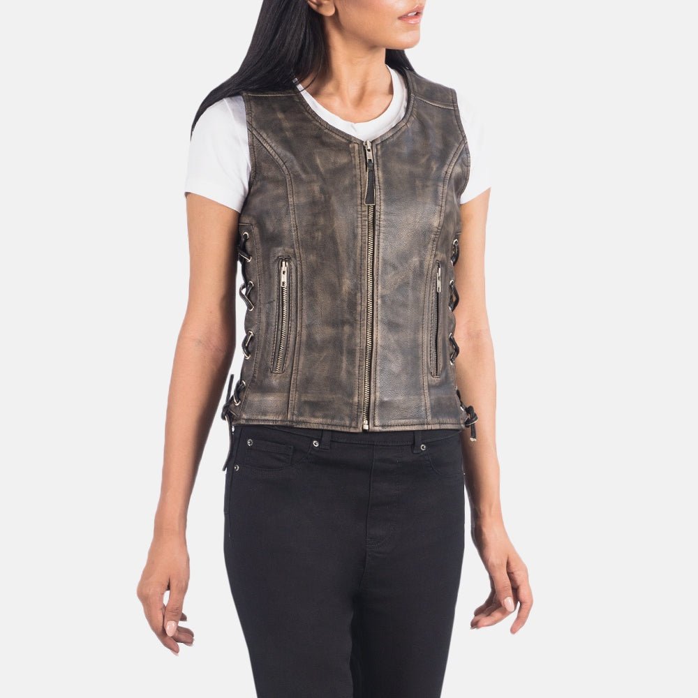 Lyra Women's Distressed Brown Leather Biker Vest lifestyle view – VOOLUP