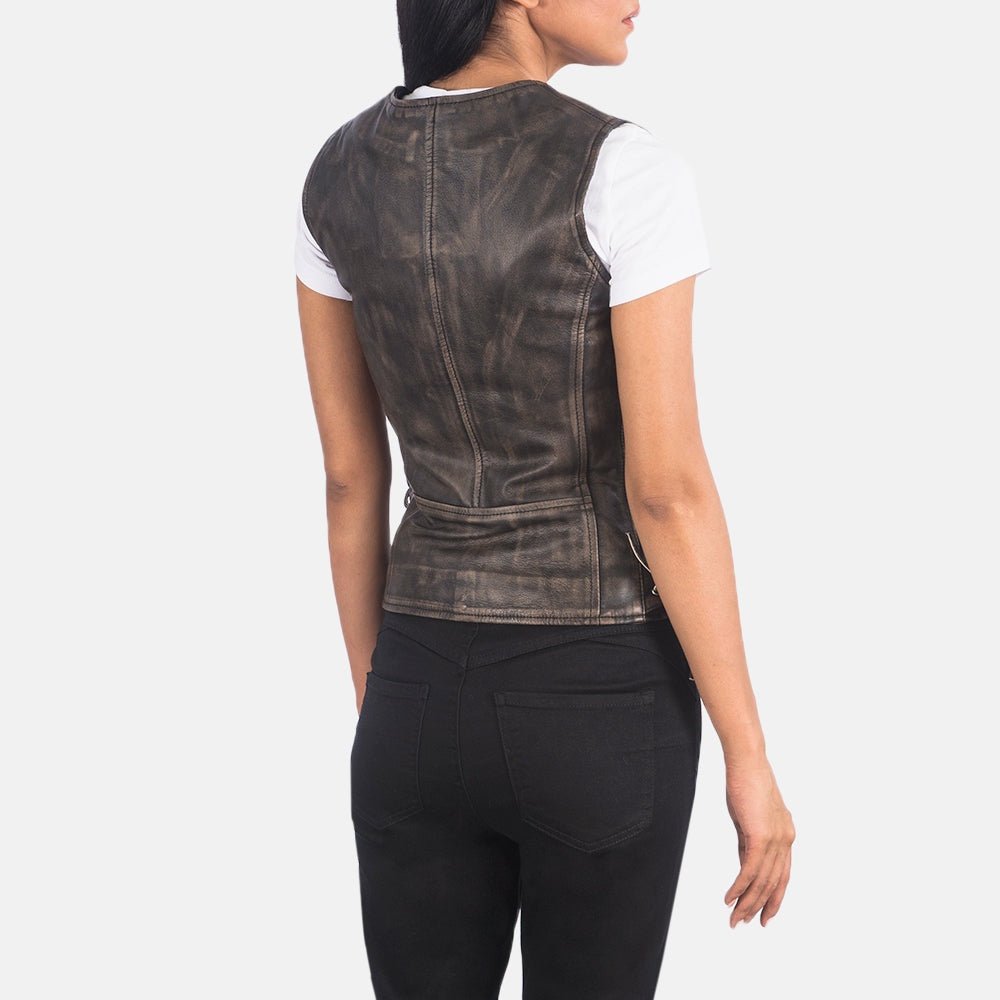 Lyra Women's Distressed Brown Leather Biker Vest lifestyle detail – VOOLUP