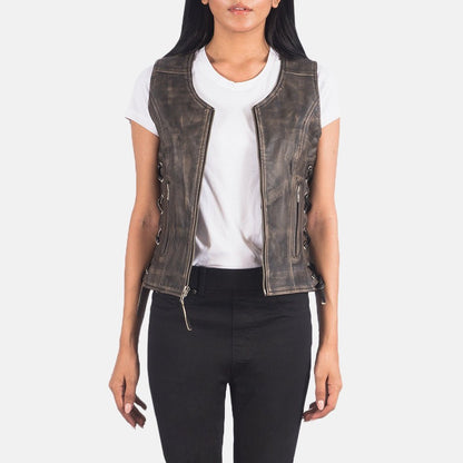 Lyra women's distressed brown genuine leather biker vest front view – VOOLUP