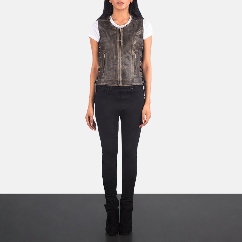 Lyra Women's Distressed Brown Leather Biker Vest back view – VOOLUP