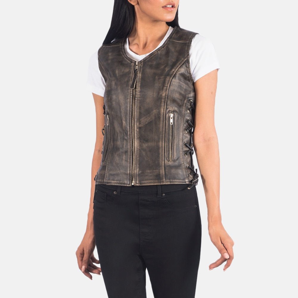 Lyra Women's Distressed Brown Leather Biker Vest detail closeup – VOOLUP