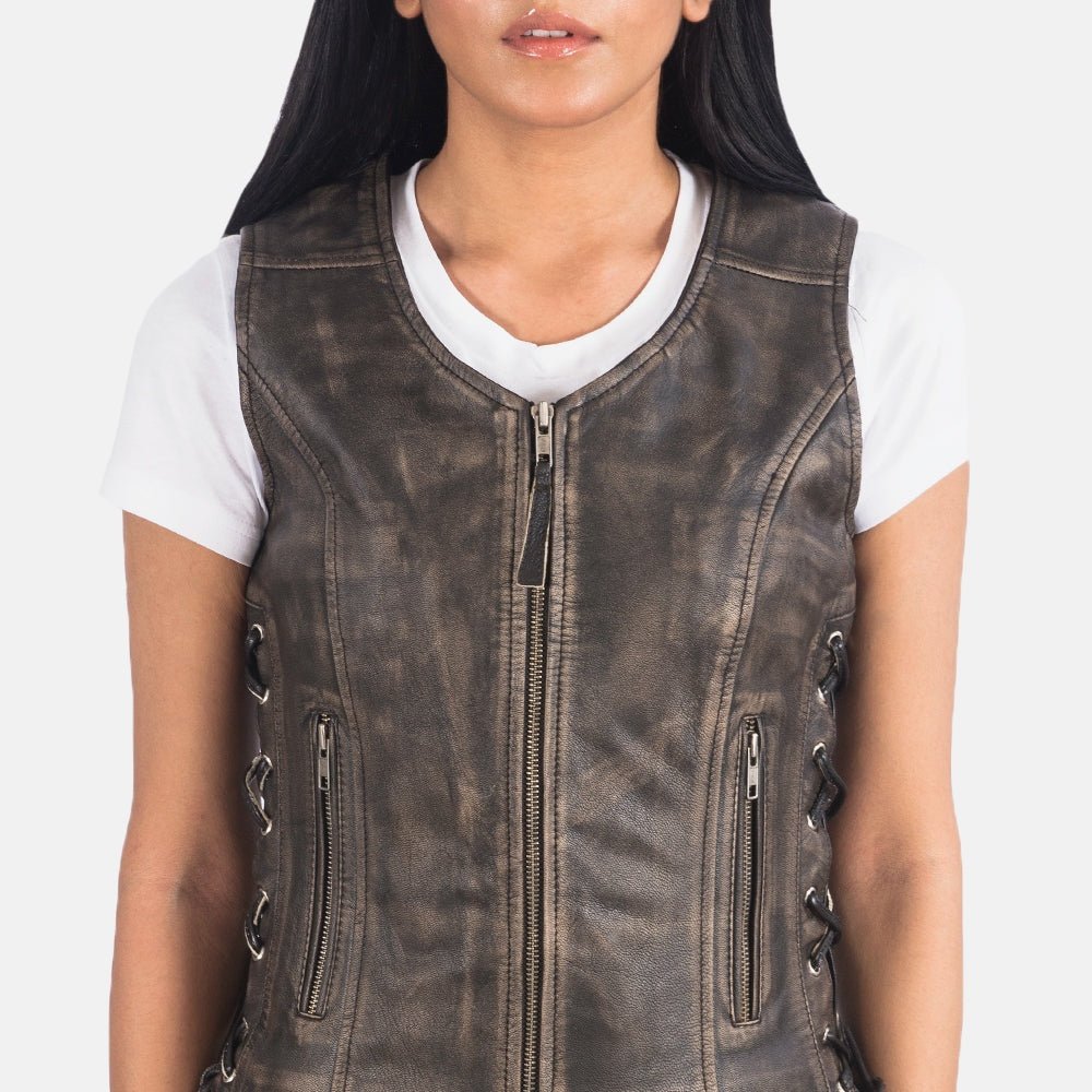 Lyra Women's Distressed Brown Leather Biker Vest side view – VOOLUP