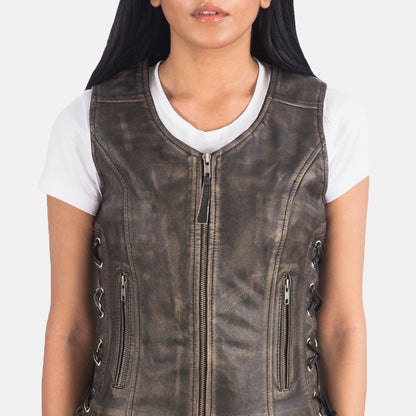 Lyra Women's Distressed Brown Leather Biker Vest side view – VOOLUP