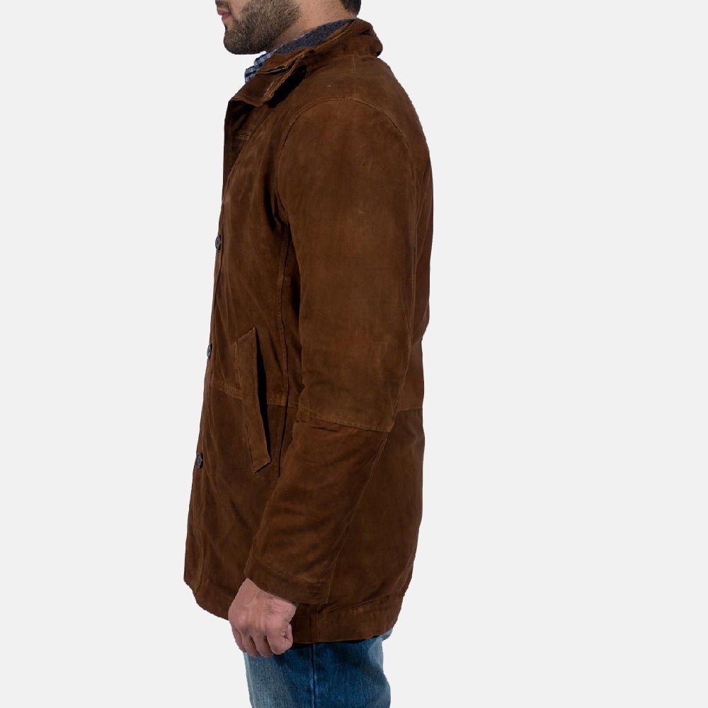 Marshal Men's Maroon Suede Leather Jacket detail closeup – VOOLUP