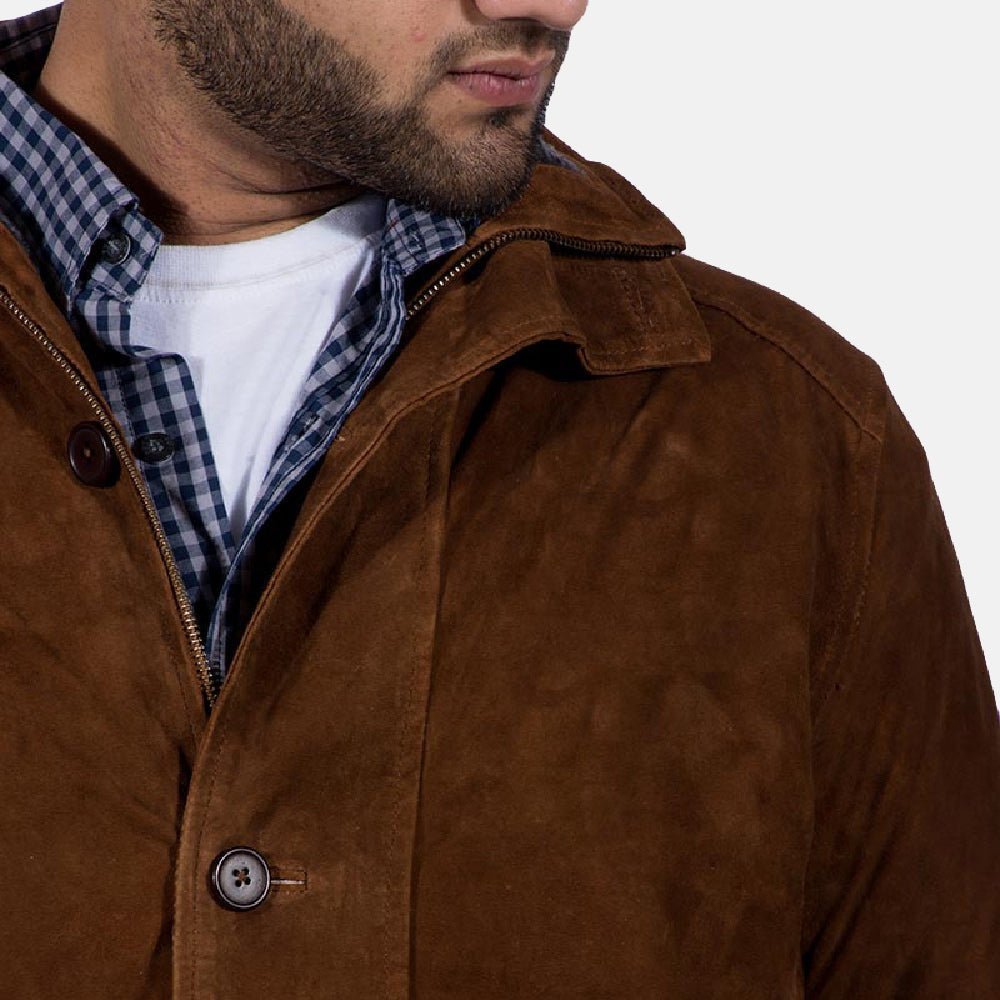 Marshal Men's Maroon Suede Leather Jacket model view – VOOLUP