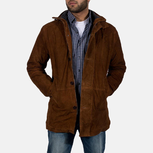 Marshal men's maroon genuine suede leather jacket front view – VOOLUP