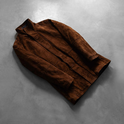 Marshal Men's Maroon Suede Leather Jacket lifestyle view – VOOLUP