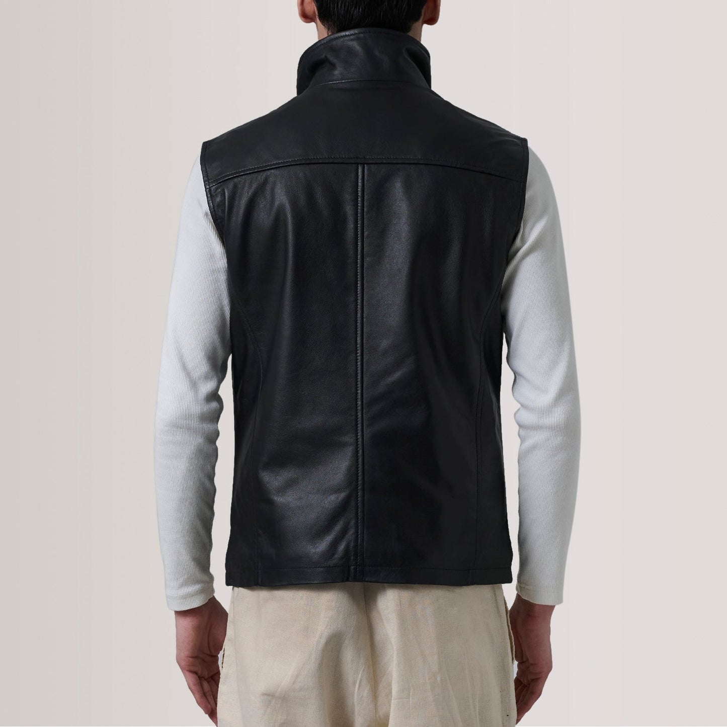Nash Men's Black Waxed Leather Vest lifestyle view – VOOLUP