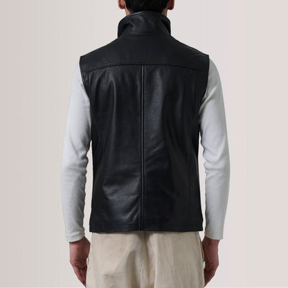 Nash Men's Black Waxed Leather Vest lifestyle view – VOOLUP
