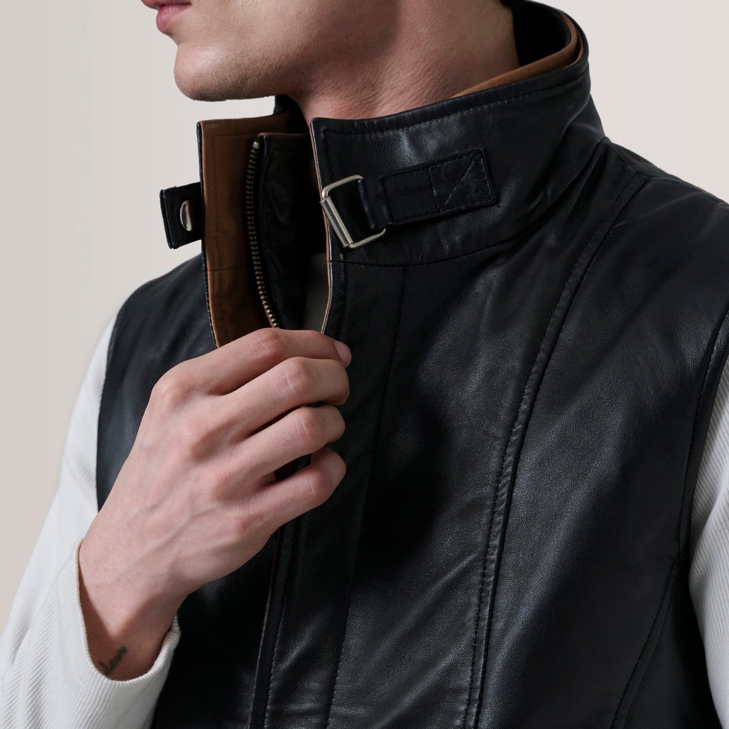 Nash Men's Black Waxed Leather Vest lifestyle detail – VOOLUP