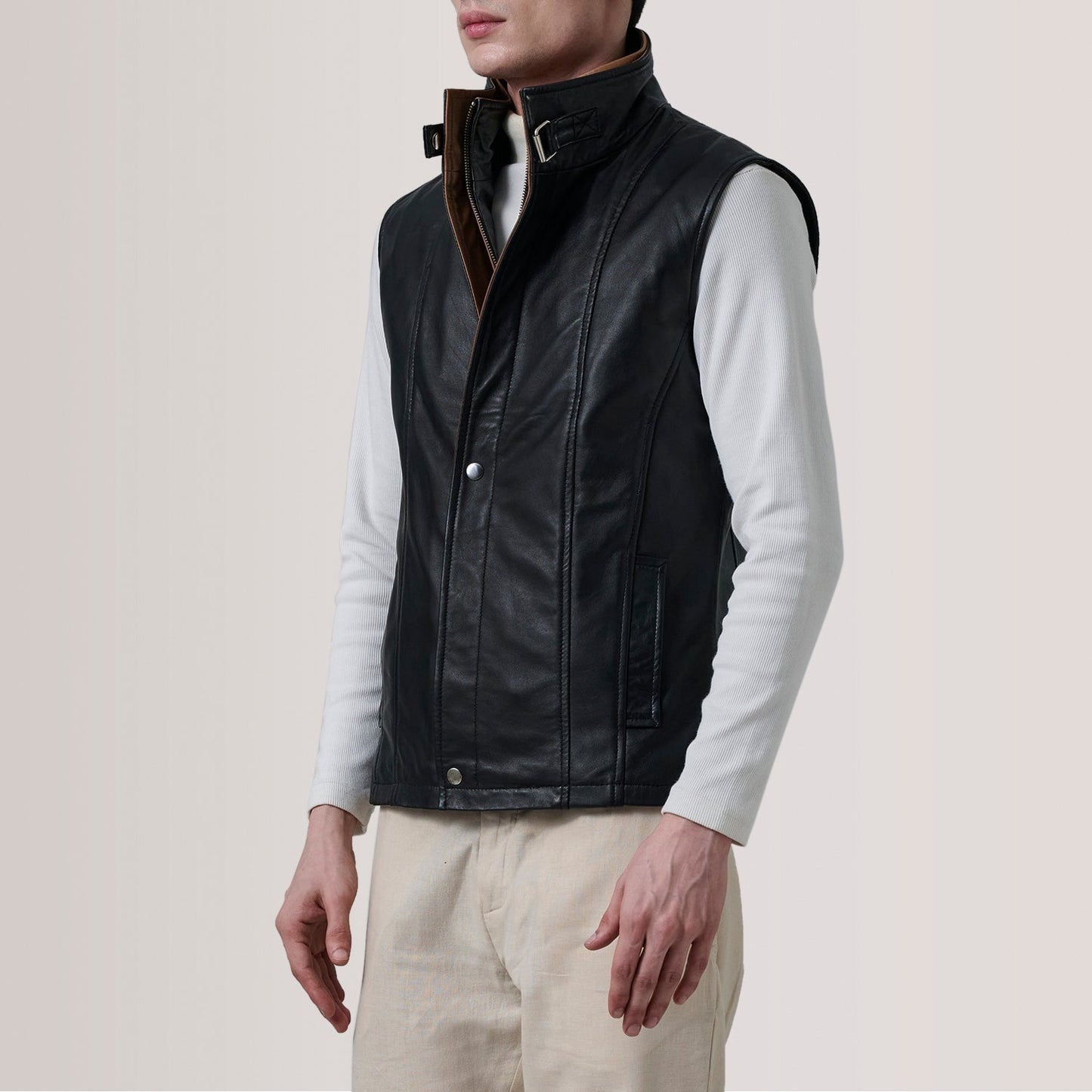 Nash Men's Black Waxed Leather Vest detail closeup – VOOLUP