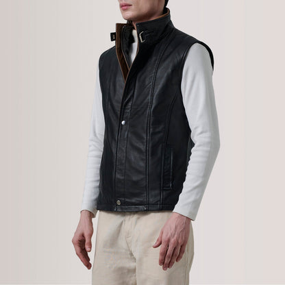 Nash Men's Black Waxed Leather Vest detail closeup – VOOLUP