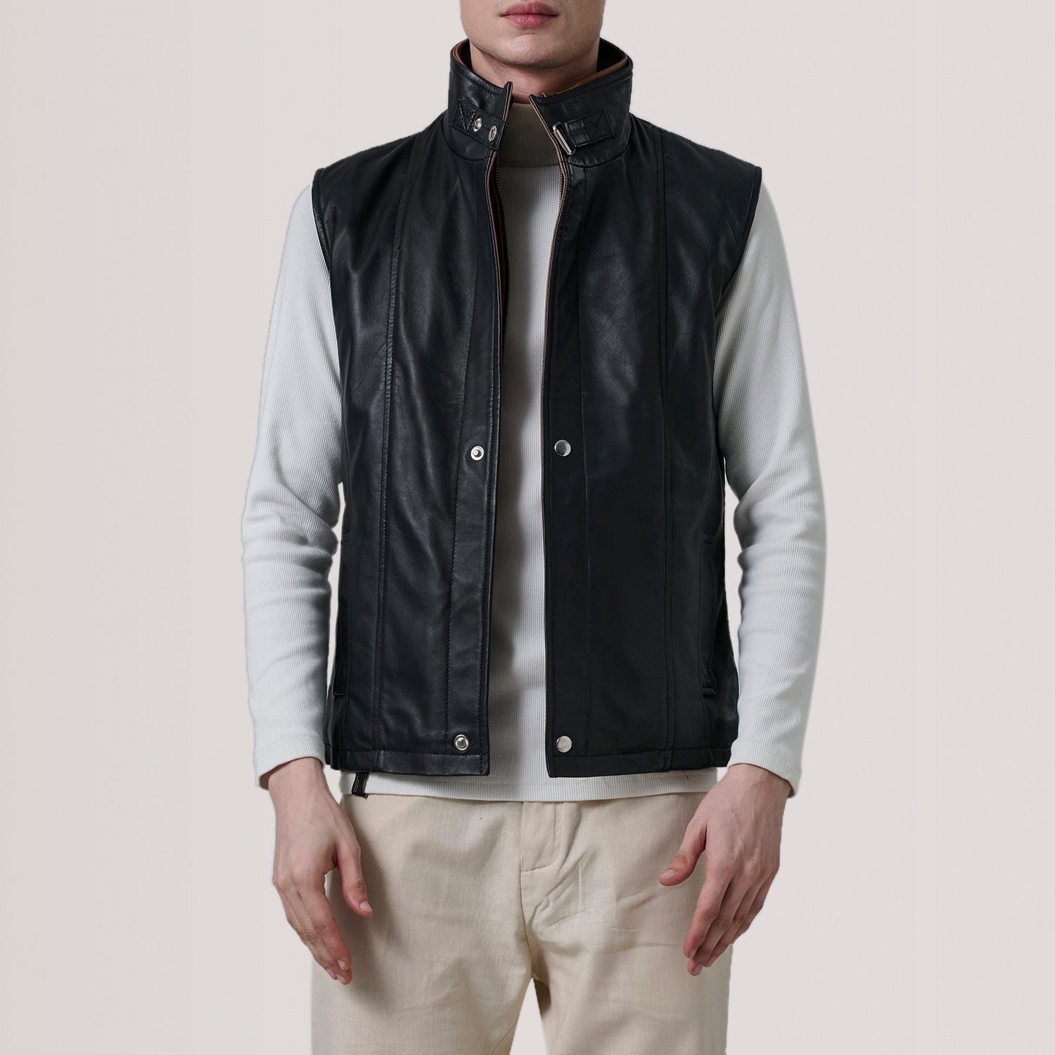 Nash men's black waxed genuine leather vest with stand collar – VOOLUP