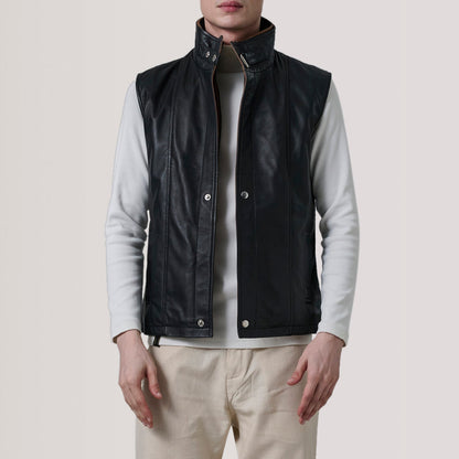 Nash men's black waxed genuine leather vest with stand collar – VOOLUP
