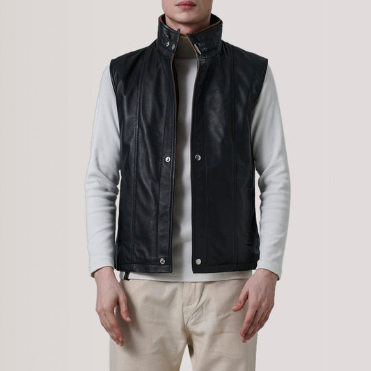 Nash men's black waxed genuine leather vest with stand collar – VOOLUP