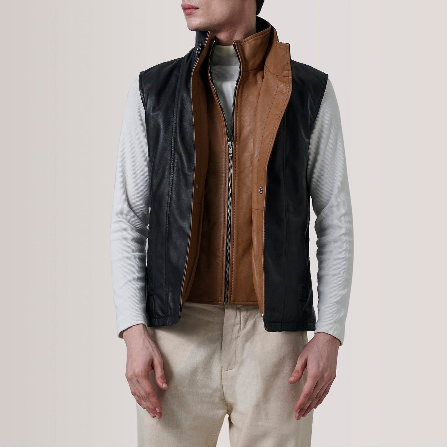 Nash Men's Black Waxed Leather Vest side view – VOOLUP