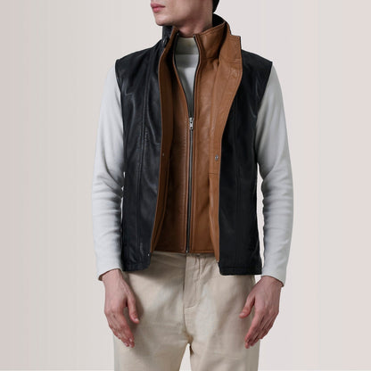 Nash Men's Black Waxed Leather Vest side view – VOOLUP