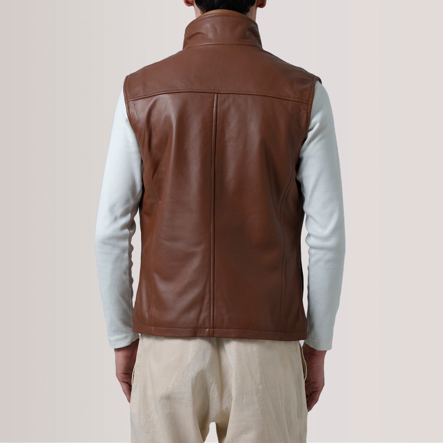 Nash Men's Brown Waxed Leather Vest lifestyle detail – VOOLUP