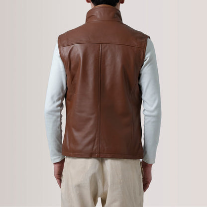 Nash Men's Brown Waxed Leather Vest lifestyle detail – VOOLUP