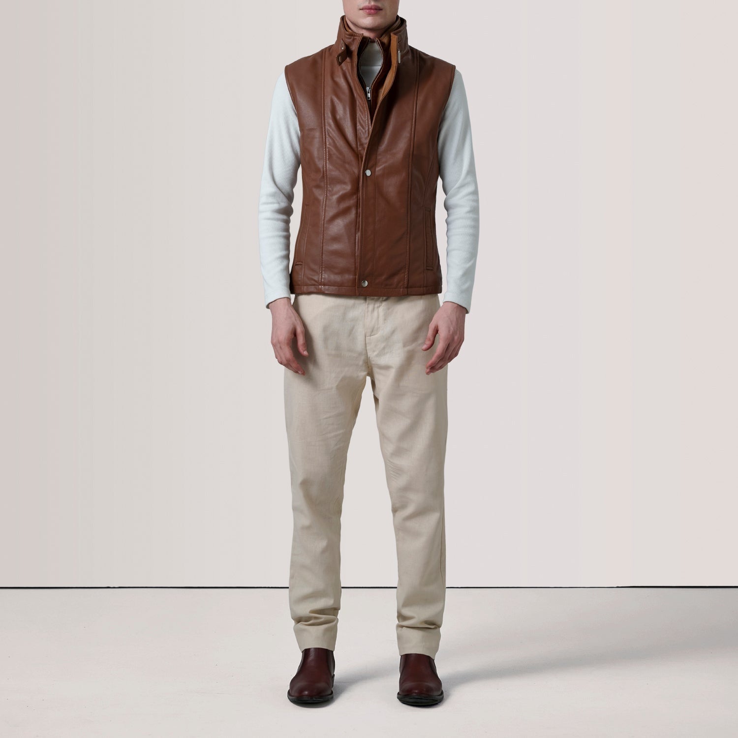 Nash Men's Brown Waxed Leather Vest back view – VOOLUP