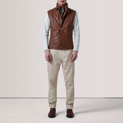 Nash Men's Brown Waxed Leather Vest back view – VOOLUP