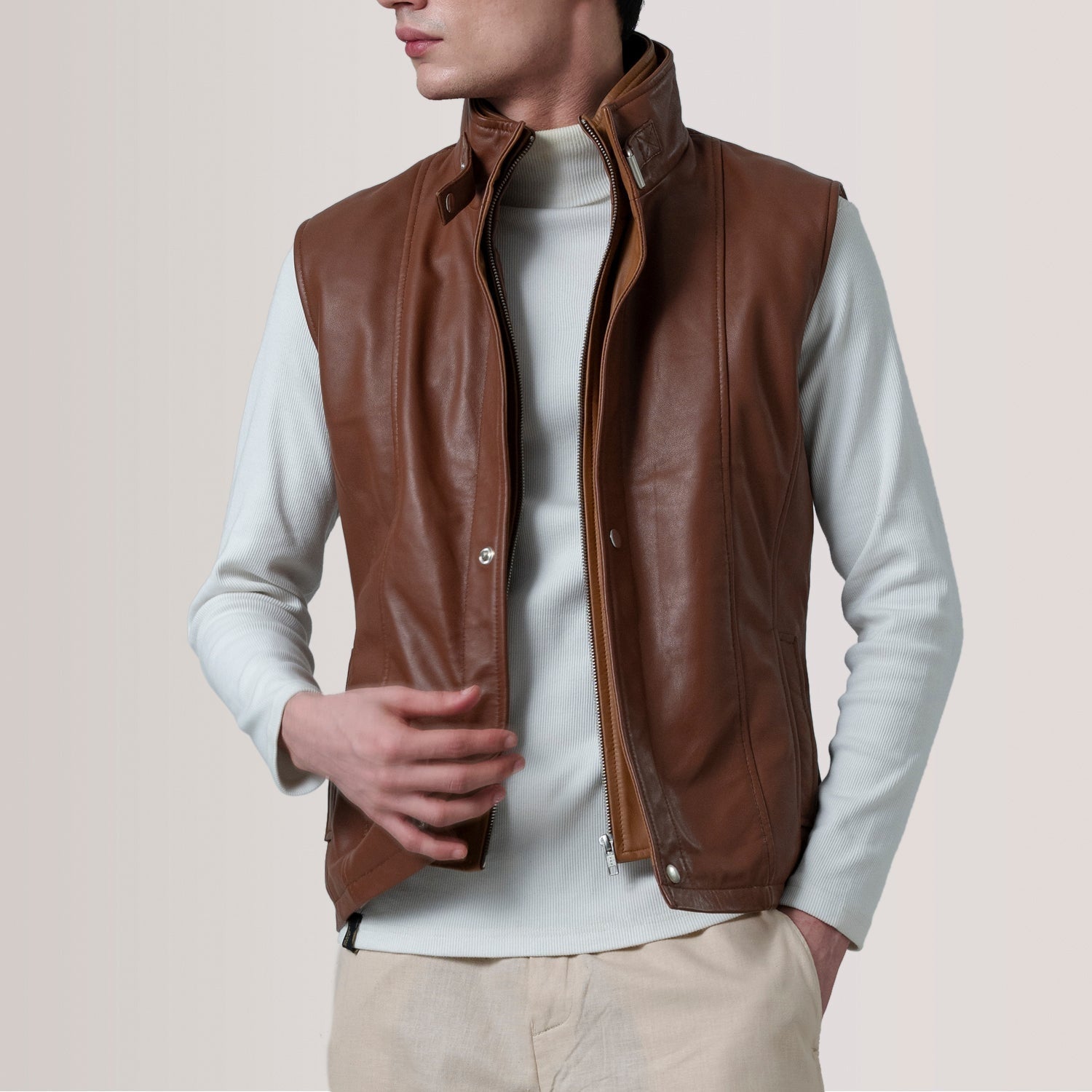 Nash Men's Brown Waxed Leather Vest side view – VOOLUP