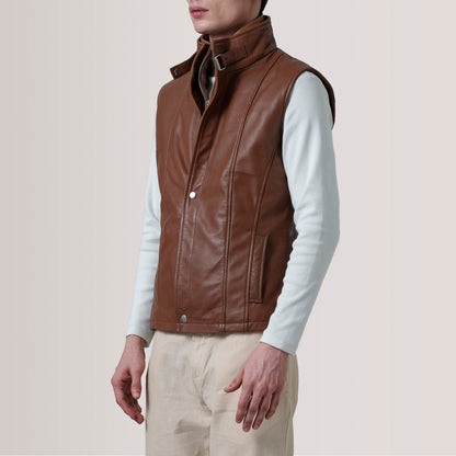 Nash Men's Brown Waxed Leather Vest detail closeup – VOOLUP
