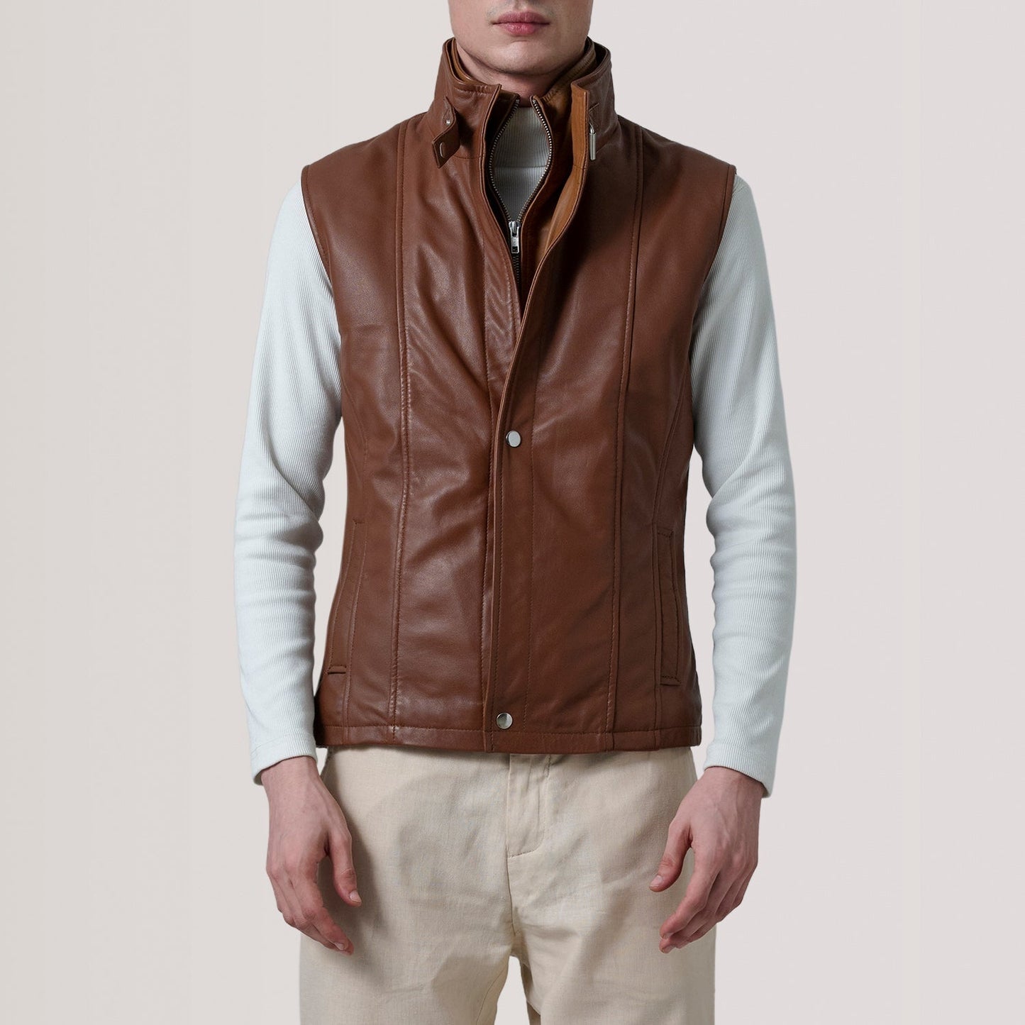 Nash men's brown waxed genuine leather vest front view – VOOLUP