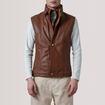 Nash men's brown waxed genuine leather vest front view – VOOLUP