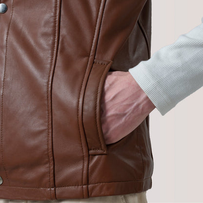 Nash Men's Brown Waxed Leather Vest lifestyle view – VOOLUP