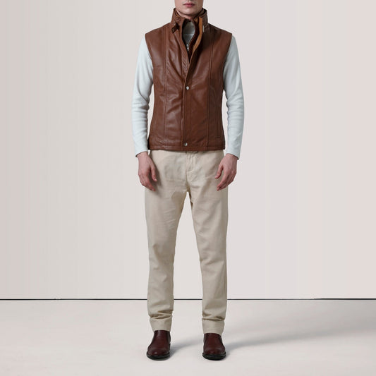 Nash Men's Brown Waxed Leather Vest back view – VOOLUP