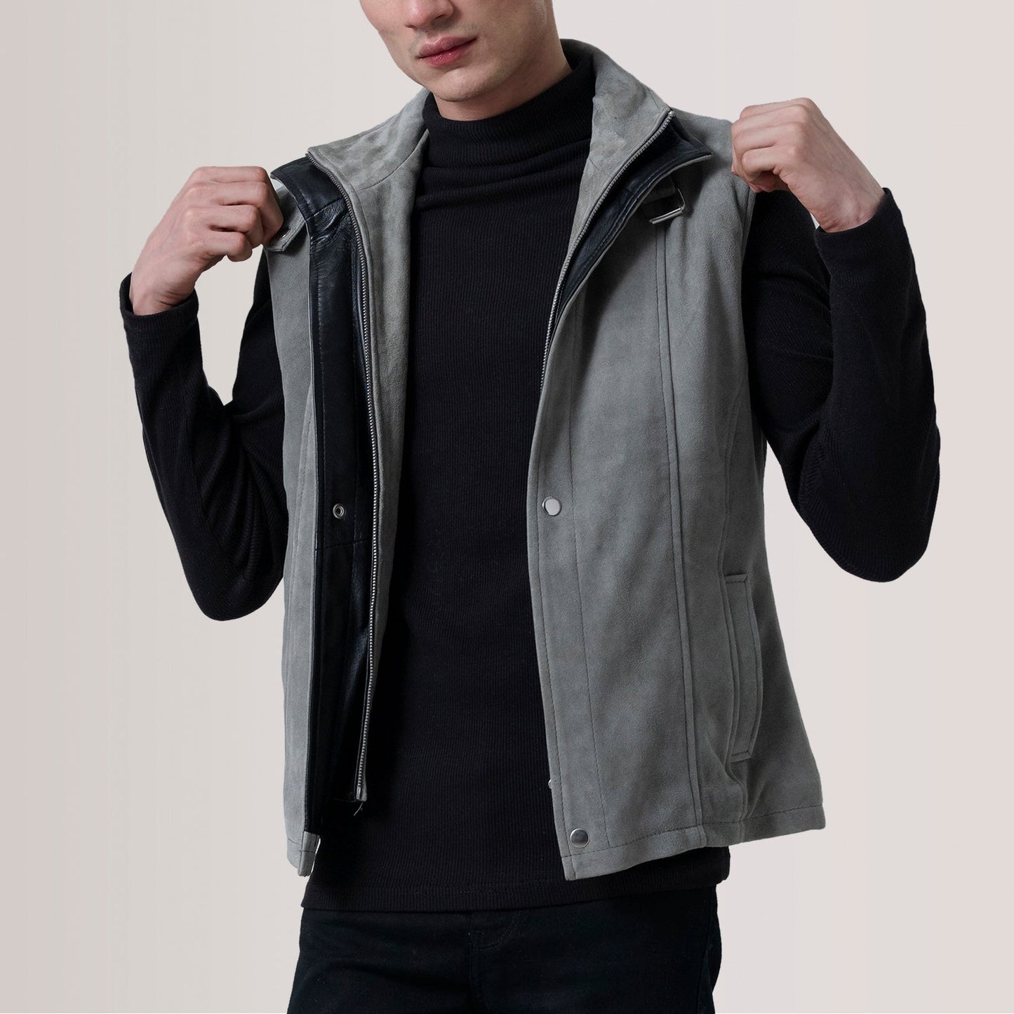 Nash Men's Grey Waxed Leather Vest side view – VOOLUP