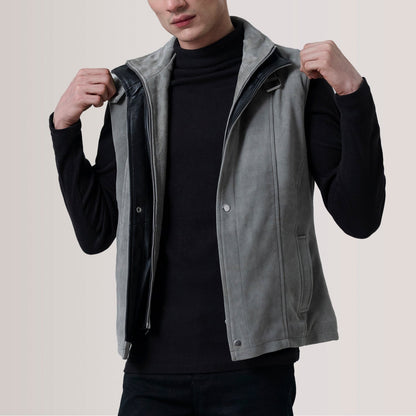 Nash Men's Grey Waxed Leather Vest side view – VOOLUP