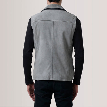 Nash Men's Grey Waxed Leather Vest lifestyle detail – VOOLUP