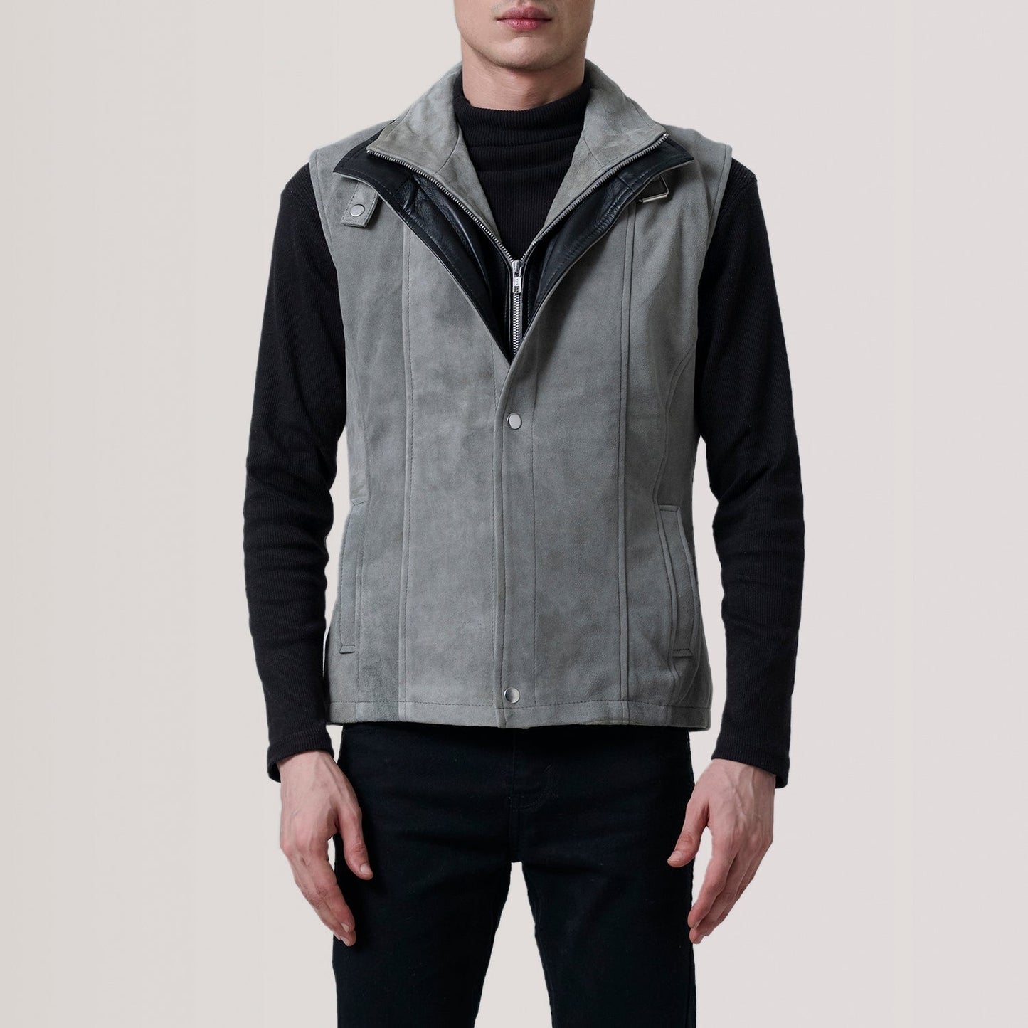 Nash men's grey waxed genuine leather vest front view – VOOLUP