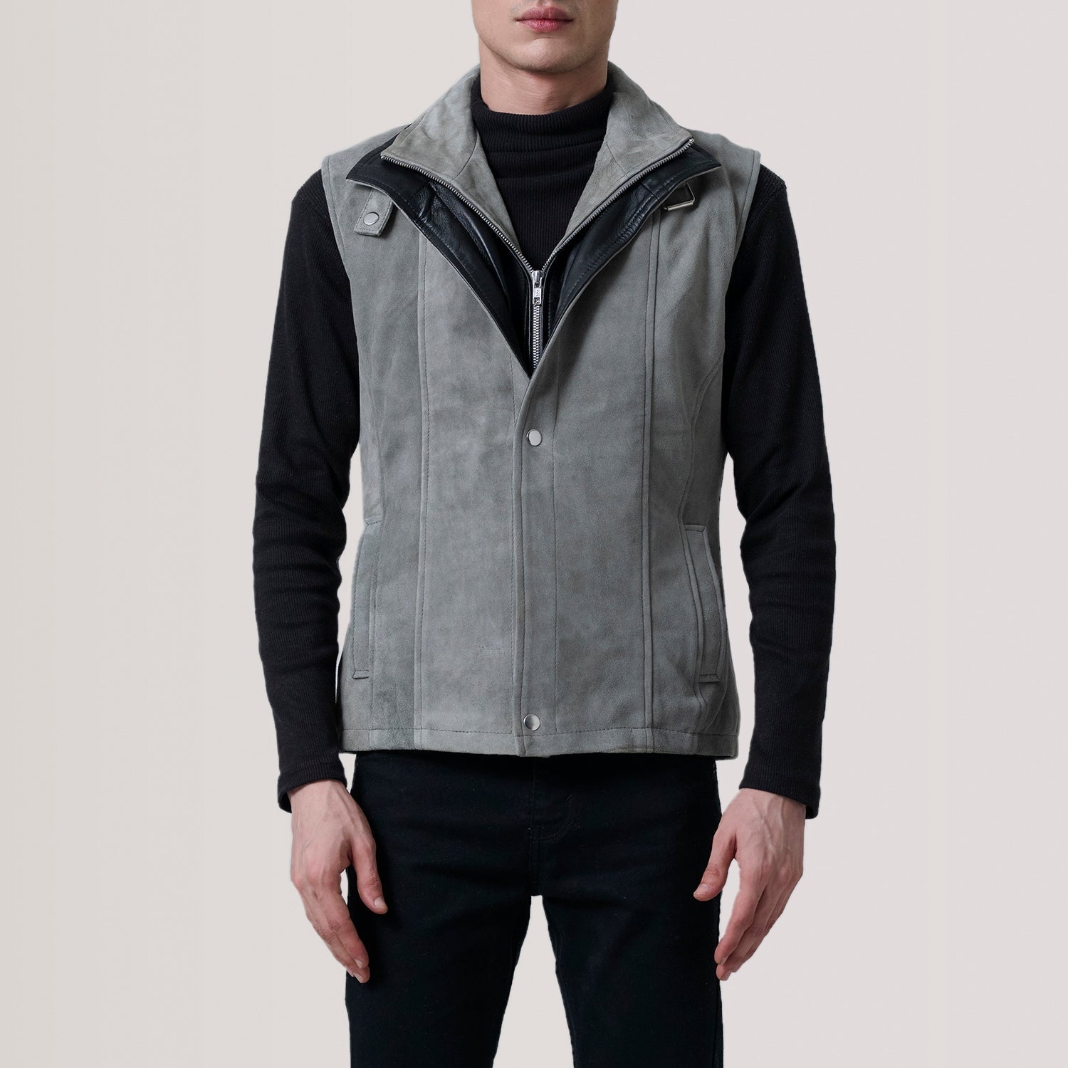 Nash men's grey waxed genuine leather vest front view – VOOLUP