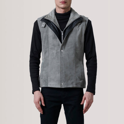 Nash men's grey waxed genuine leather vest front view – VOOLUP