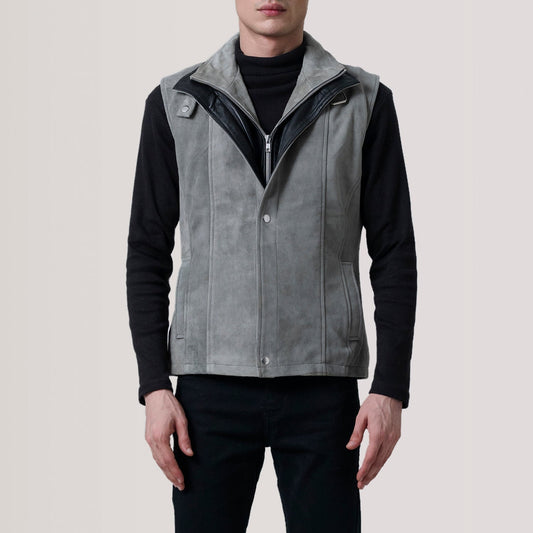 Nash men's grey waxed genuine leather vest front view – VOOLUP