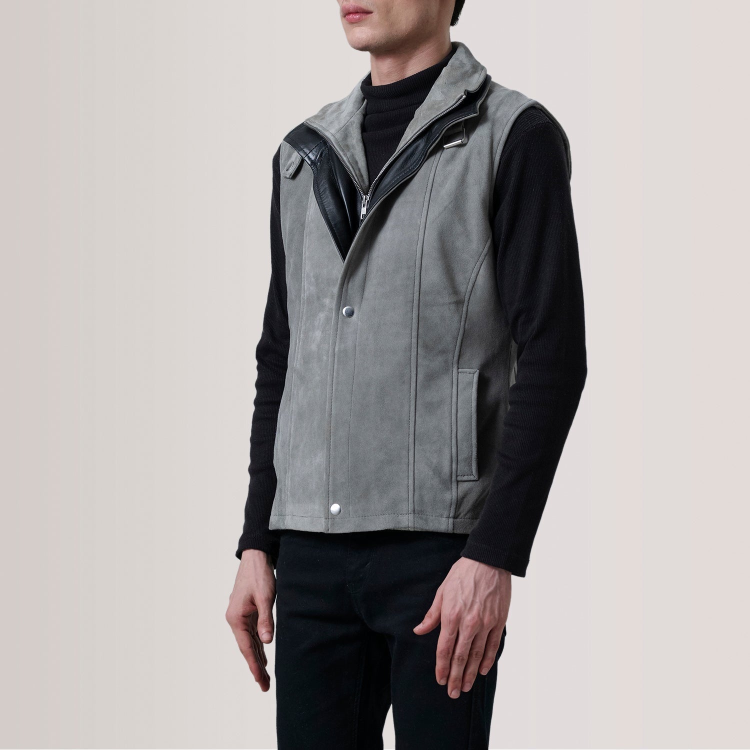Nash Men's Grey Waxed Leather Vest lifestyle view – VOOLUP