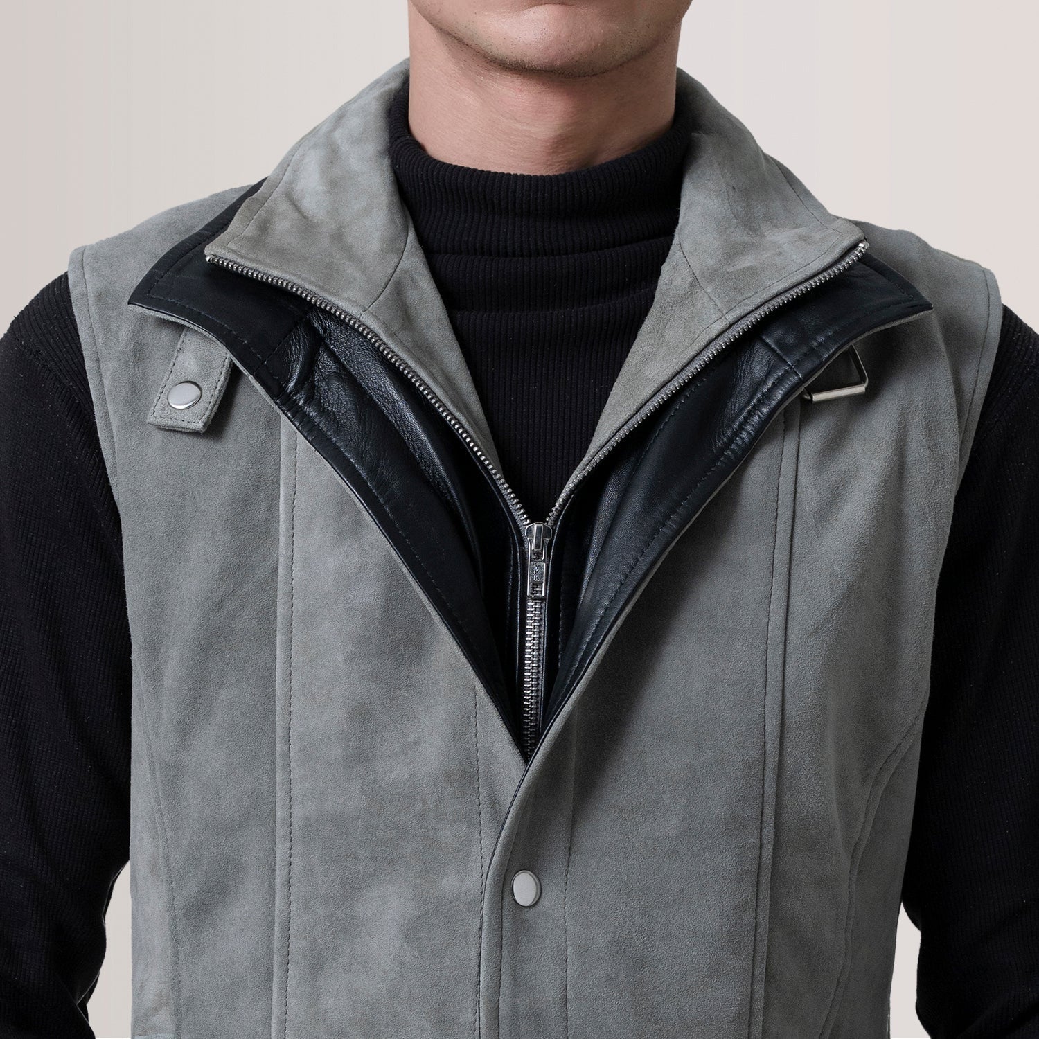 Nash Men's Grey Waxed Leather Vest detail closeup – VOOLUP