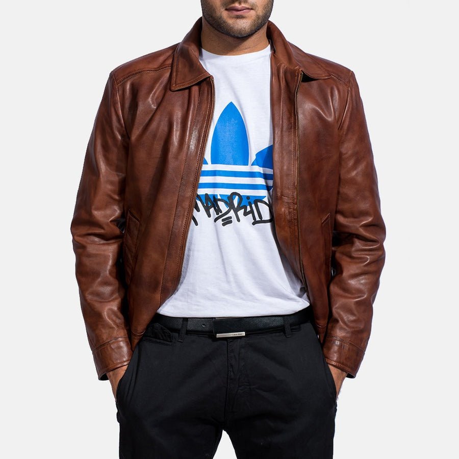 Oakwood Men's Brown Leather Café Racer Jacket front detail closeup – VOOLUP