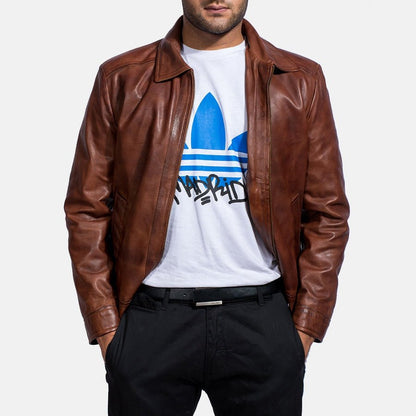 Oakwood Men's Brown Leather Café Racer Jacket front detail closeup – VOOLUP