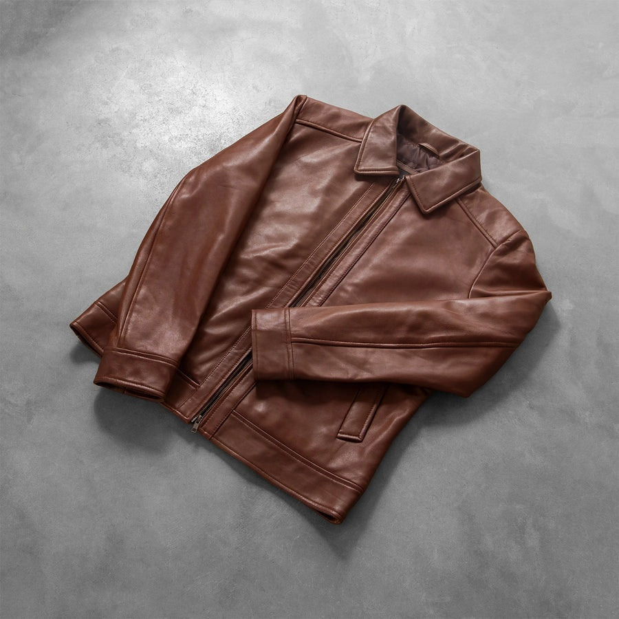 Oakwood Men's Brown Leather Café Racer Jacket model closeup – VOOLUP